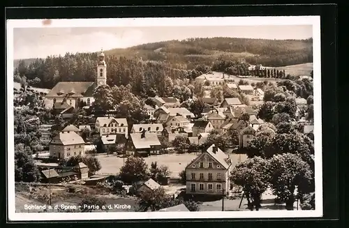 Foto-AK Sohland a. d. Spree, Blick auf die Wohnhäuser und die Kirche