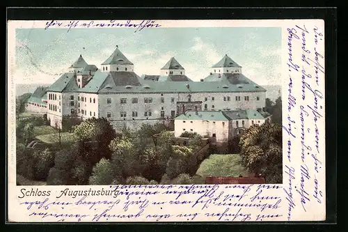 Lithographie Augustusburg, Blick über die Grünanlagen auf das Schloss