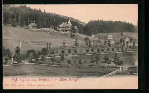 AK Rehefeld im sächs. Erzgeb., Blick auf das Kgl. Jagdschloss am Waldrand