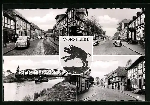 AK Vorsfelde, Wappentier, Strassen mit den alten Fachwerkhäusern, Schiff unter der Brücke