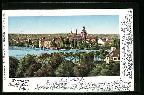 Lithographie Konstanz, in den Parkanlagen mit Stadtpanorama und goldenen Fenstern