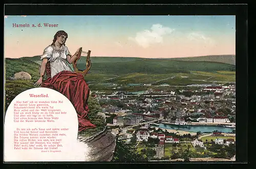 AK Hameln a. d. Weser, Generalansicht der Stadt, Harfenspielerin mit dem Weserlied
