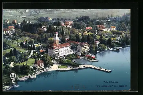 AK Bad Schachen, Totale mit Parkanlagen und Uferanlagen vom Zeppelin aus