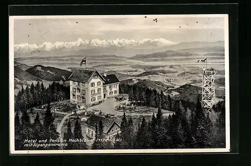 Künstler-AK Badenweiler, Blick auf das Hotel und Pension Hochblauen mit Alpenpanorama