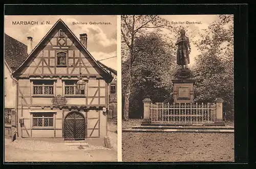 AK Marbach a. N., Schillers Geburtshaus, das Schiller-Denkmal
