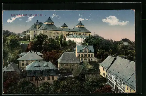 AK Augustusburg, Blick über die Wohnhäuser auf das Schloss
