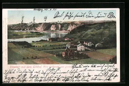 AK Diesbar mit dem Elbthal, Ansicht vom Golkwald aus