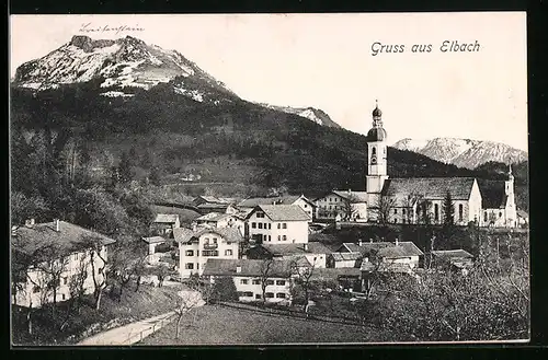 AK Elbach, Blick auf die Kirche im Ort und auf die Berge