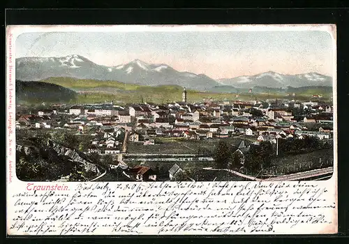Lithographie Traunstein, Generalansicht der Stadt gegen die Bergkette