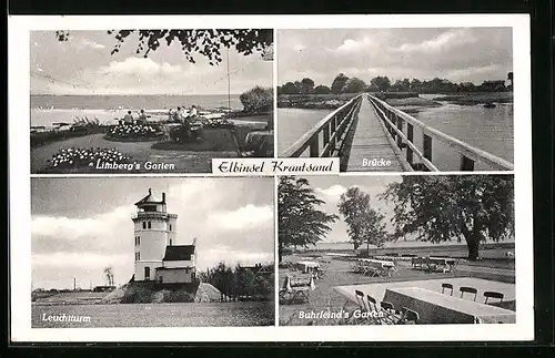 AK Krautsand, auf der Elbinsel, auf der Brücke, Limberg`s Garten, Leuchtturm, Buhrfeind`s Garten