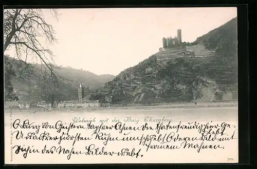 AK Welmich, Panoramaansicht vom Flussufer aus auf die Burg Thurnberg
