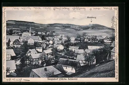 AK Saupsdorf i. Sächs. Schweiz, Stadttotale mit der Kirche gegen den Wachberg