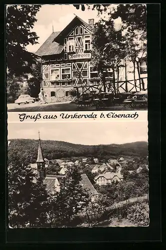 AK Unkeroda b. Eisenach, Gasthaus Waldfrieden, Blick auf den gesamten Ort mit der Kirche
