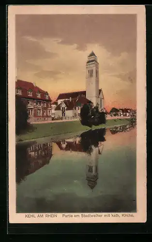AK Kehl am Rhein, Partie am Stadtweiher mit der kath. Kirche