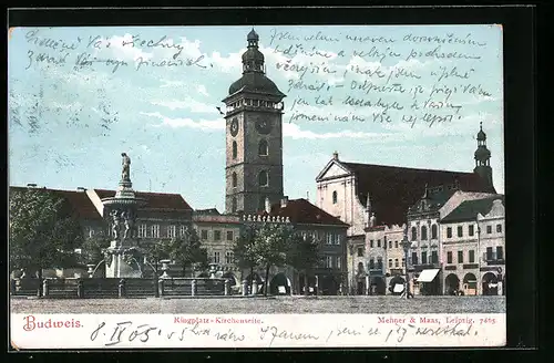 AK Budweis, Ringplatz, Brunnen auf der Kirchenseite