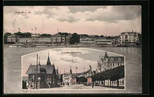 AK Biebrich a. Rh., Dampfer-Haltestelle mit Dampfern