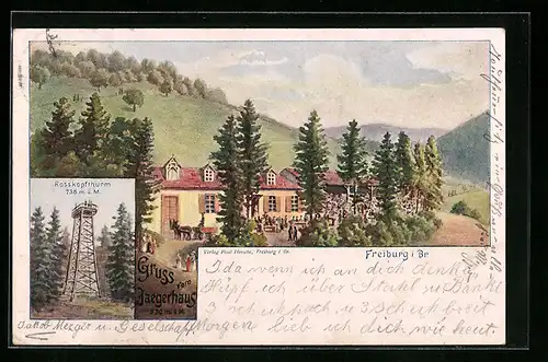 Lithographie Freiburg i. Br., Rosskopfthurm, Gasthaus mit Besuchern