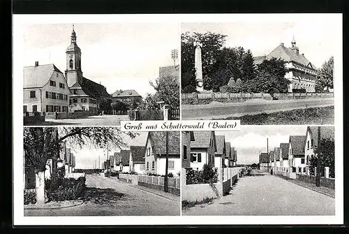 AK Schutterwald i. Baden, Platz vor der Kirche, Strasse vor den Wohnhäusern, am Ehrenmal