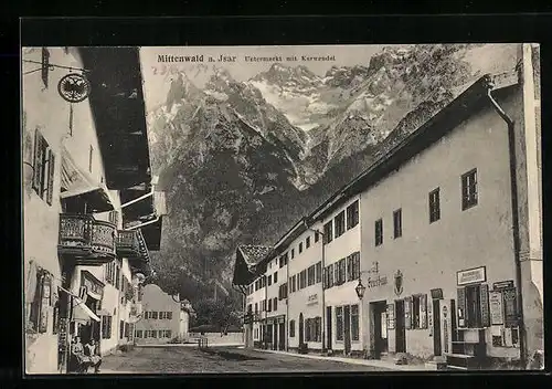 AK Mittenwald a. Isar, Untermarkt mit dem Karwendel