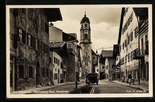 AK Mittenwald, Neunerhaus, Post und Pfarrkirche