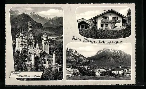 AK Schwangau, Ortspanorama, Schloss Neuschwanstein, Haus Happ