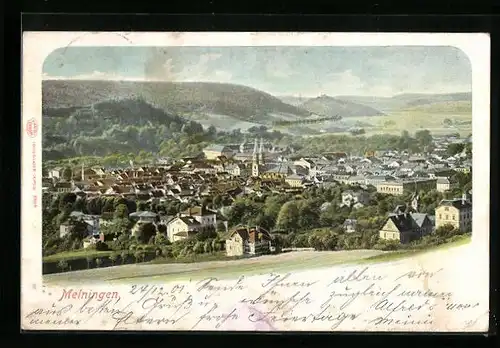 Lithographie Meiningen, Stadttotale mit dem Schloss im Hintergrund