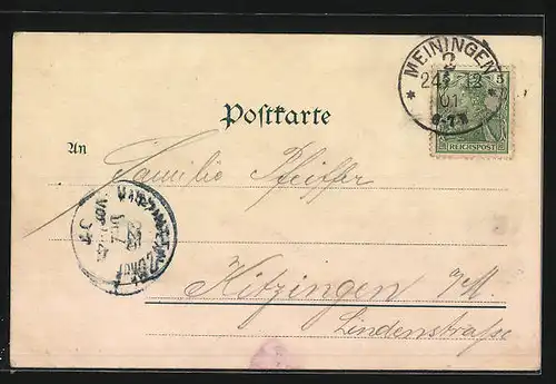 Lithographie Meiningen, Stadttotale mit dem Schloss im Hintergrund