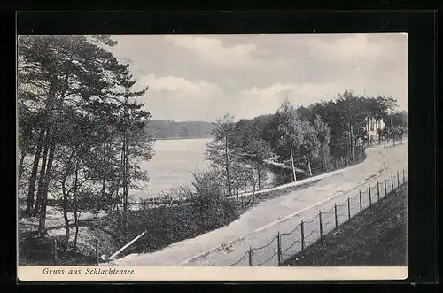 AK Berlin-Schlachtensee, Strasse an der Uferpromenade, Blick zum Gasthaus