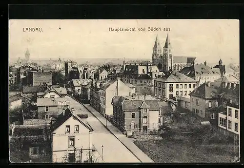 AK Landau, Hauptansicht der Stadt von Süden mit der kath. Kirche Mariä Himmelfahrt