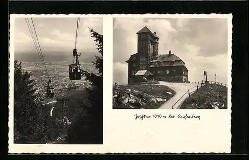 AK Reichenberg, Baude auf dem Jeschken, Stadttotale mit der Seilbahn