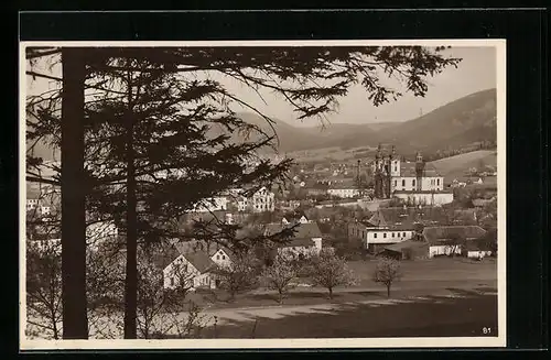 AK Haindorf i. B., Blick vom Wald auf die gesamte Stadt