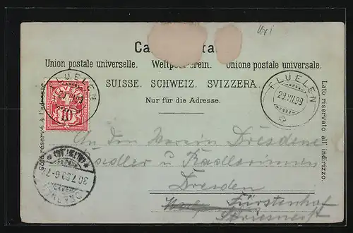 Mondschein-AK Flüelen, Uferpartie mit Kirche