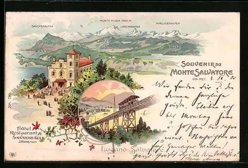 Lithographie Lugano-Salvatore /Monte Salvatore, Hotel Restaurant Salvatore Kulm mit Savoyeralpen und Monte Rosa