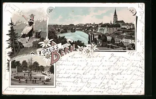 Lithographie Bern, Teilansicht mit Brücke, Bärengraben