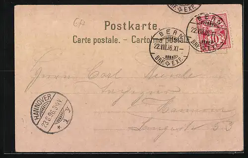 Lithographie Bern, Teilansicht mit Brücke, Bärengraben