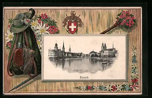 AK Zürich, Uferpartie, Rucksack und Wanderstock, Passepartout