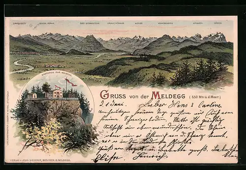 Lithographie Meldegg, Gasthaus zur Meldegg, Panorama mit Alvier, Hohenkasten und Säntis