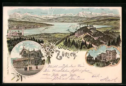 Lithographie Zürich, Restaurant Uto Kulm, Hotel Uetliberg, Panorama mit Kurfirsten, Tödi und Säntis