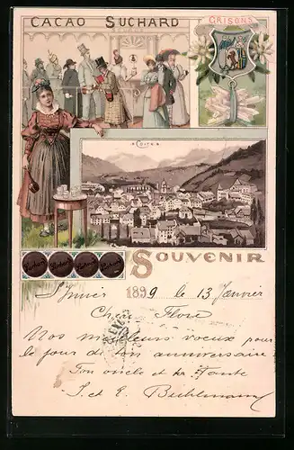 Lithographie Coire, Panorama, Wappen von Grisons, Reklame für Cacao Suchard