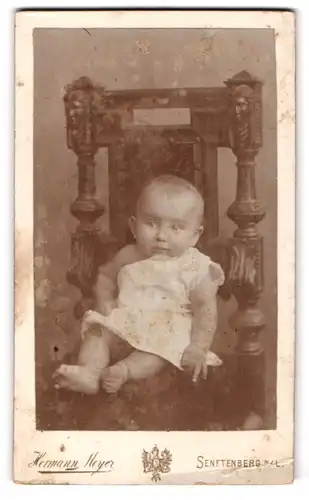 Fotografie Hermann Heyer, Senftenberg N. L., Niedliches Baby sitzt auf Stuhl