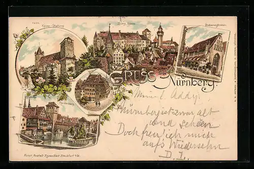 Lithographie Nürnberg, Gasthaus Bratwurstglöcklein, Dürerhaus, Kaiser-Stallung