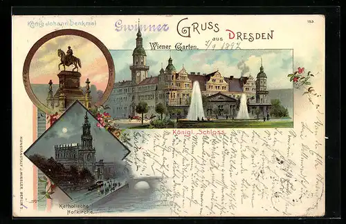 Lithographie Dresden, Königliches Schloss und Wiener Garten, Katholische Hofkirche bei Mondschein, König Johann-Denkmal