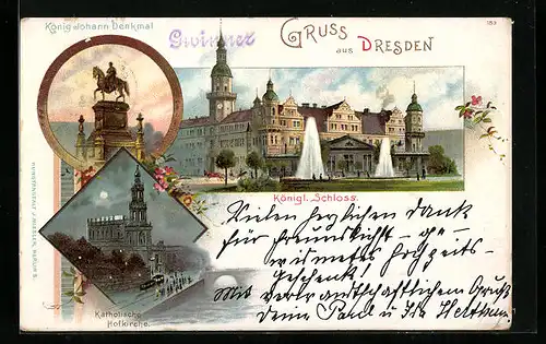 Lithographie Dresden, Königliches Schloss und Wiener Garten, Katholische Hofkirche bei Mondschein, König Johann-Denkmal