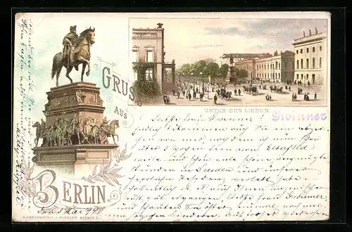 Lithographie Berlin, Strasse Unter den Linden mit Denkmal