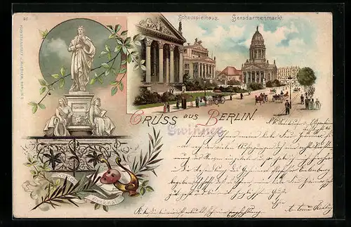 Lithographie Berlin, Schauspielhaus am Gendarmenmarkt, Schiller-Denkmal