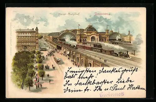 Lithographie Dresden, Haupt-Bahnhof mit Strassenbahn