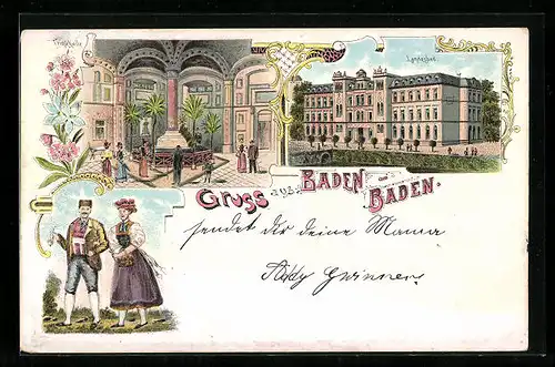 Lithographie Baden-Baden, Landesbad, Innenansicht, Paar in Tracht