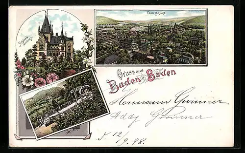 Lithographie Baden-Baden, Totalansicht, Schloss Solms, Das Echo