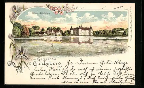 Lithographie Glücksburg, Ostseebad, Schloss Glücksburg