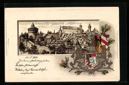 Passepartout-Lithographie Nürnberg, Panorama vom Hallertor, Wappen